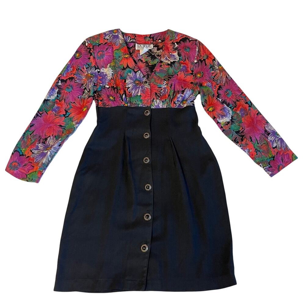 VTG La Belle Floral Red Pink Button Up Bodycon Long Sleeve V Neck Short Dress 7